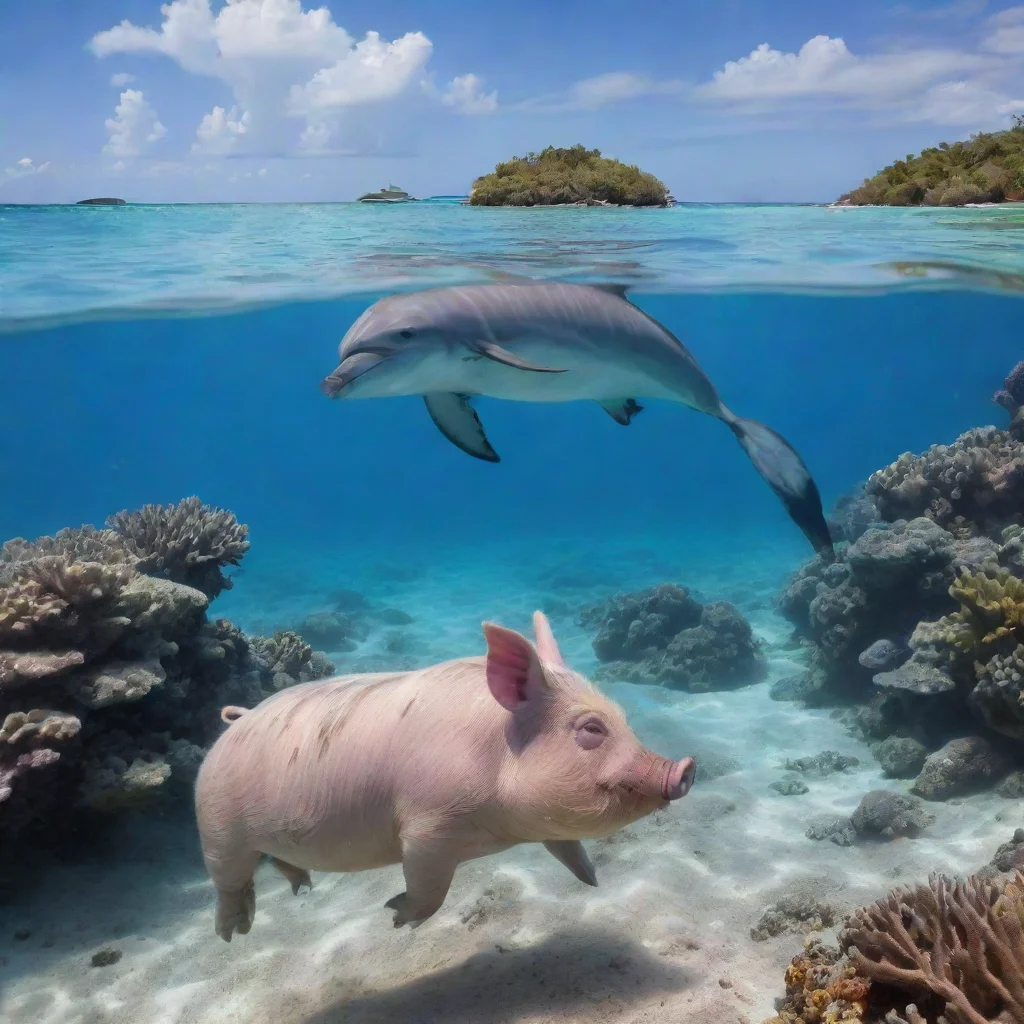 aitrending pig on top dolphin near a coral reef by the beach good looking fantastic 1
