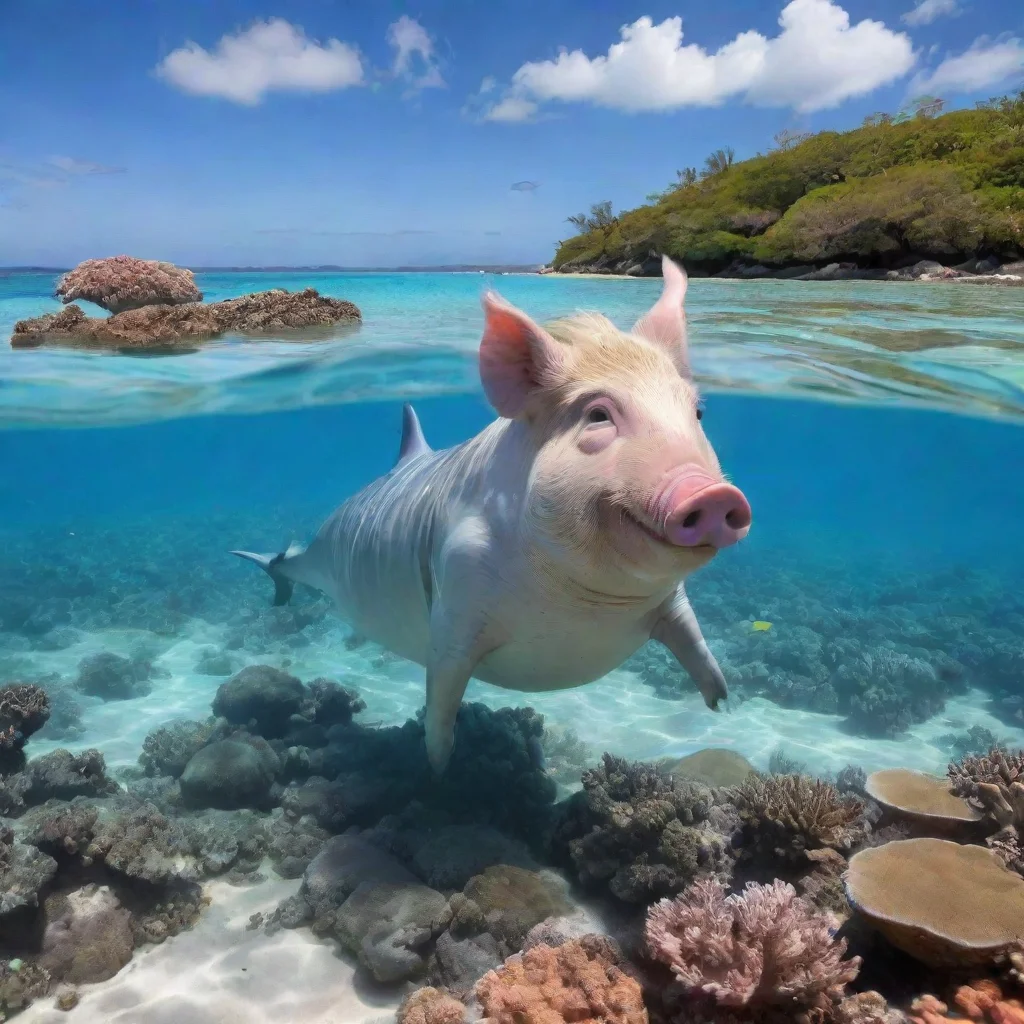 aitrending pig rides dolphin near a coral reef by the beach good looking fantastic 1