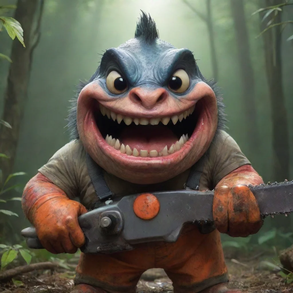 aitrending piranha with big psyco smile holding a chainsaw good looking fantastic 1