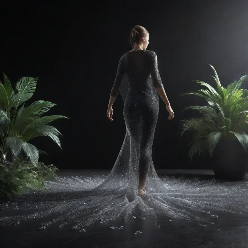 trending point cloud data of human walking with flowing fabric andplants and crystals on floor  3d octane render  solid black bac good looking fantastic 1