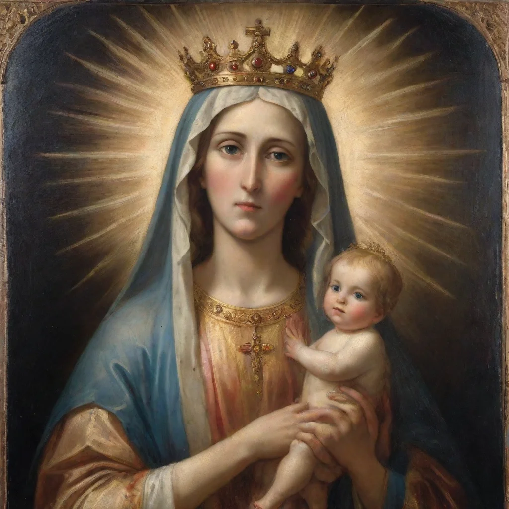 aitrending portrait for saint mary the queen hold jesus christ in the middle with cercular light crown fron 19th century italian artest good looking fantastic 1