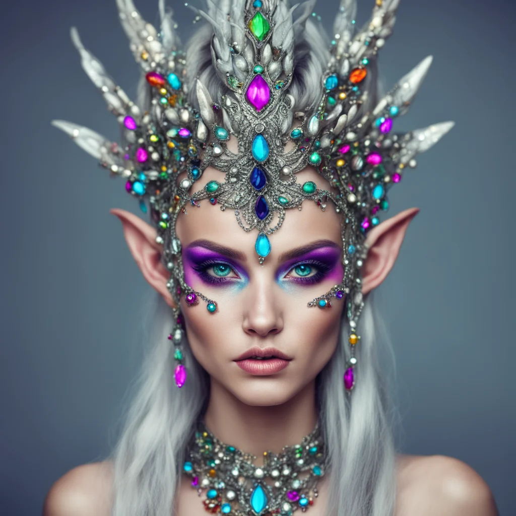 aitrending portrait of a mysterious beautiful elf%2C female%2C with a strange silver headdress with plenty of multicolored jewels good looking fantastic 1