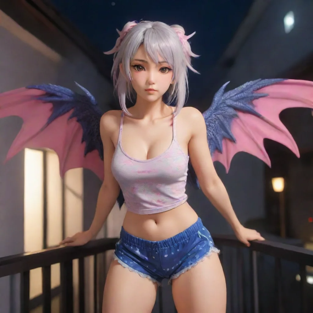 trending pov of seeing kiryu coco  standing on a balcony with her dragon wings and tail showing her form  while wearing a tank top and pajama shorts blushing at night front view flat