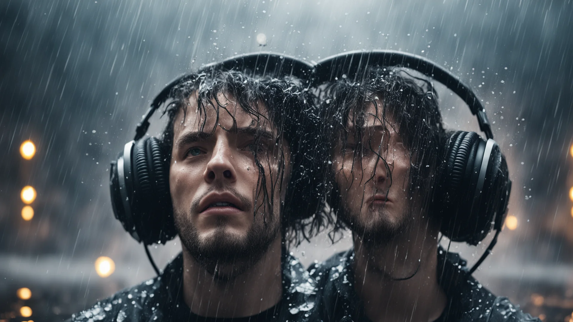trending product shot extreme bass boosted headphones exploding portrait surrounded by wet rain with cinematic light good looking fantastic 1 wide