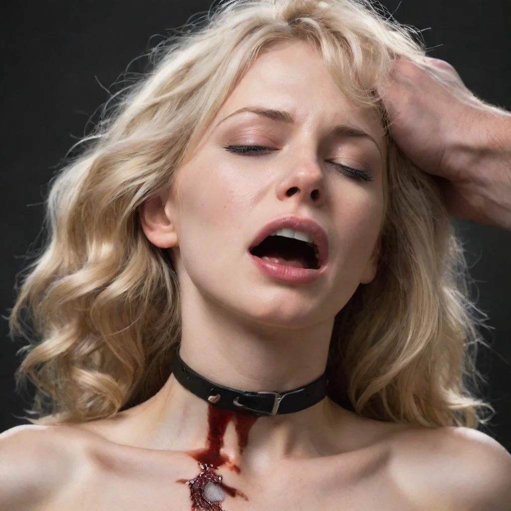 aitrending realistic blonde girl neck being choked by manly hand. blood running down neck and hand.  good looking fantastic 1