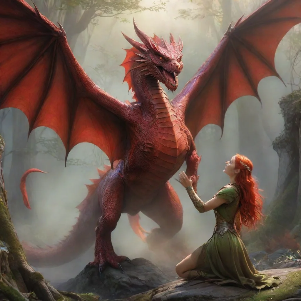 aitrending red dragon spreads its wings and opens it mouth towards elven princess good looking fantastic 1