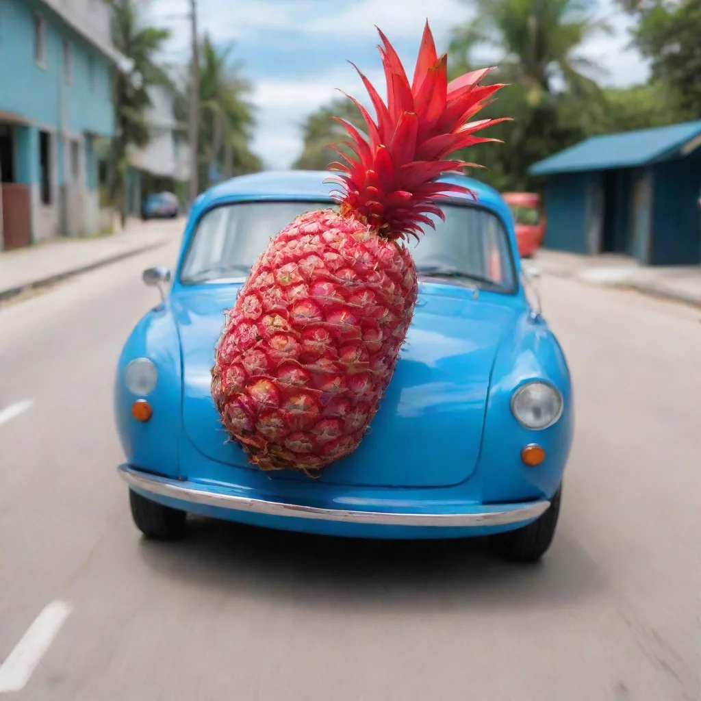trending red pineapple driving blue car good looking fantastic 1