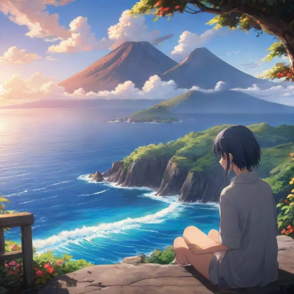 trending relaxing anime scene serene lookout over ocean with volcano good looking fantastic 1