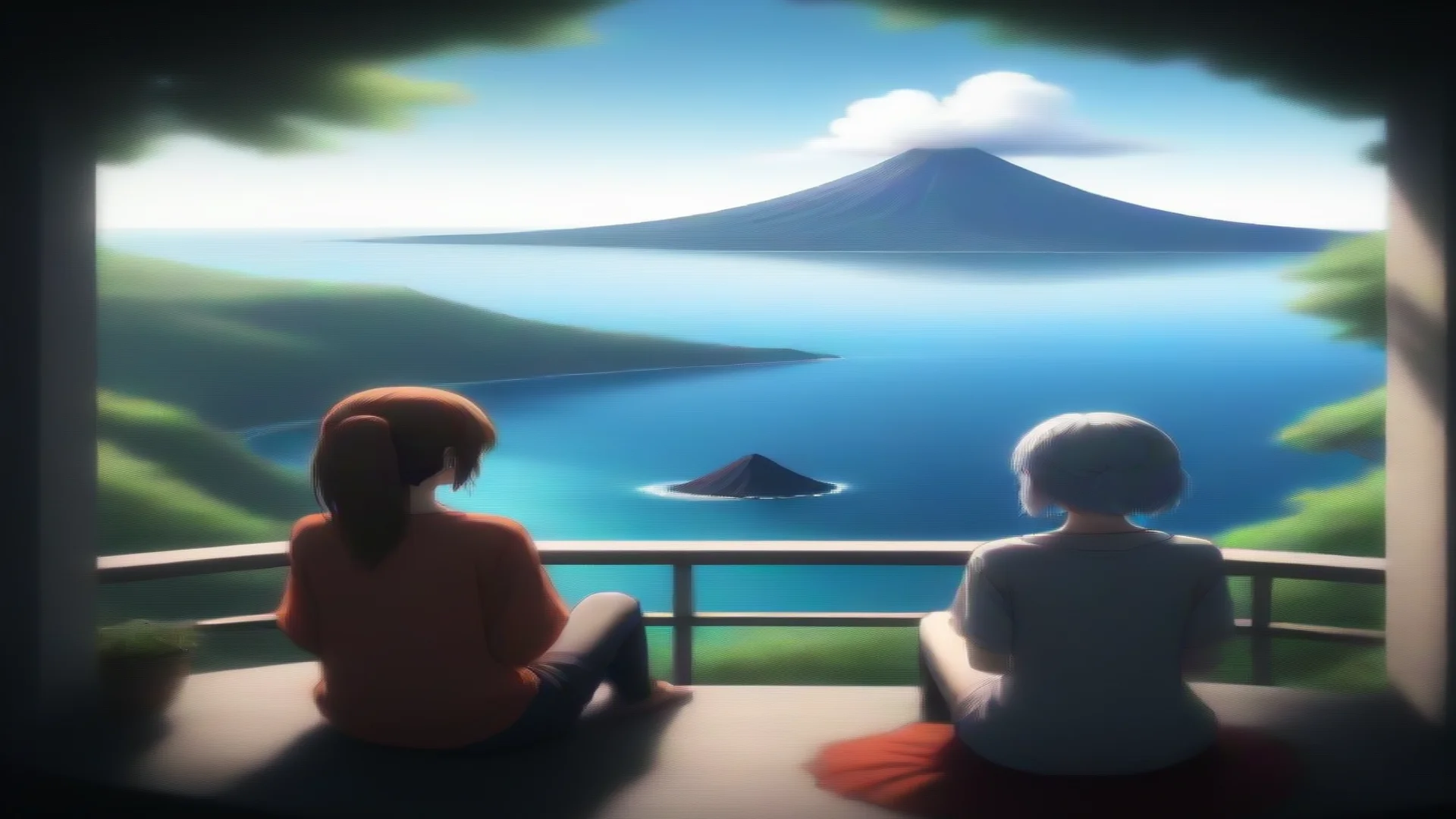 trending relaxing anime scene serene lookout over ocean with volcano lovely good looking fantastic 1 wide