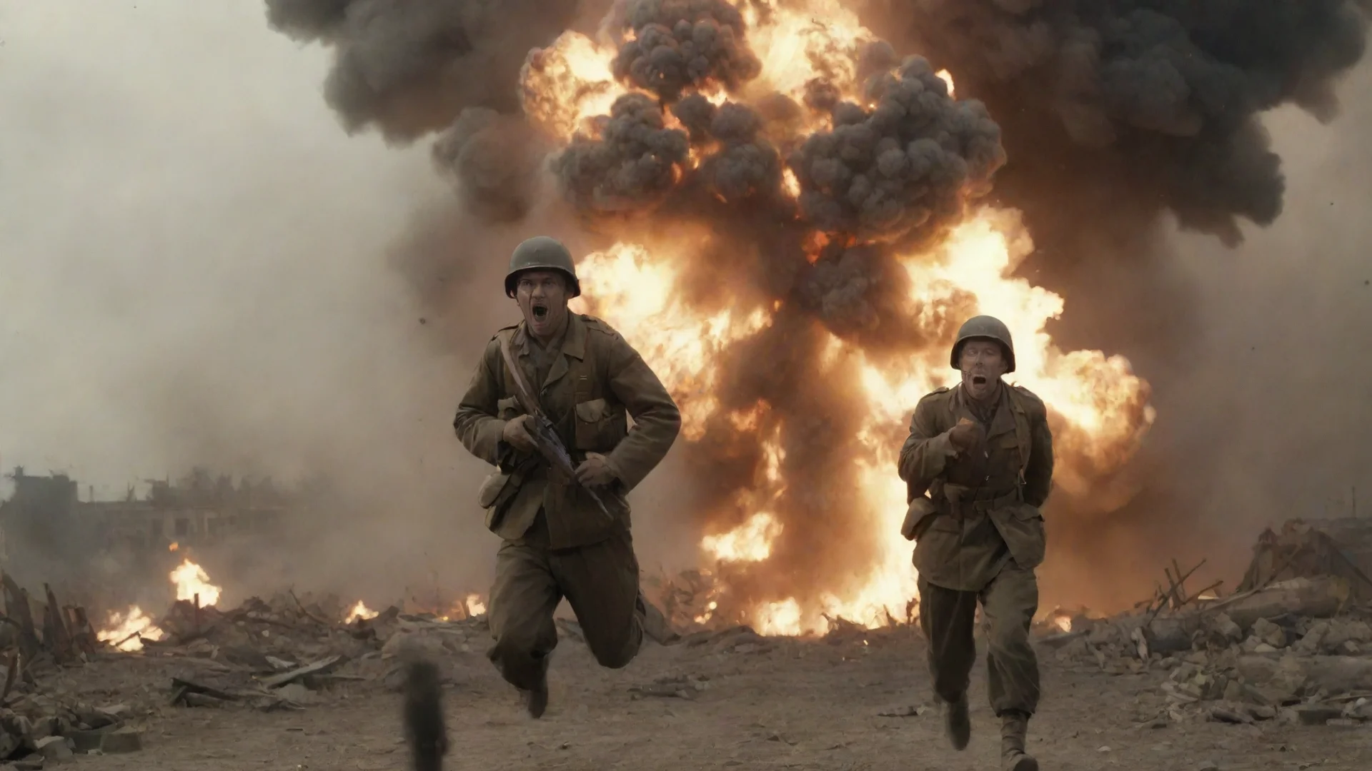 aitrending res%3D16%3A9%2C ww2%2C explosion in the background and a terrified soldier in the front good looking fantastic 1 wide