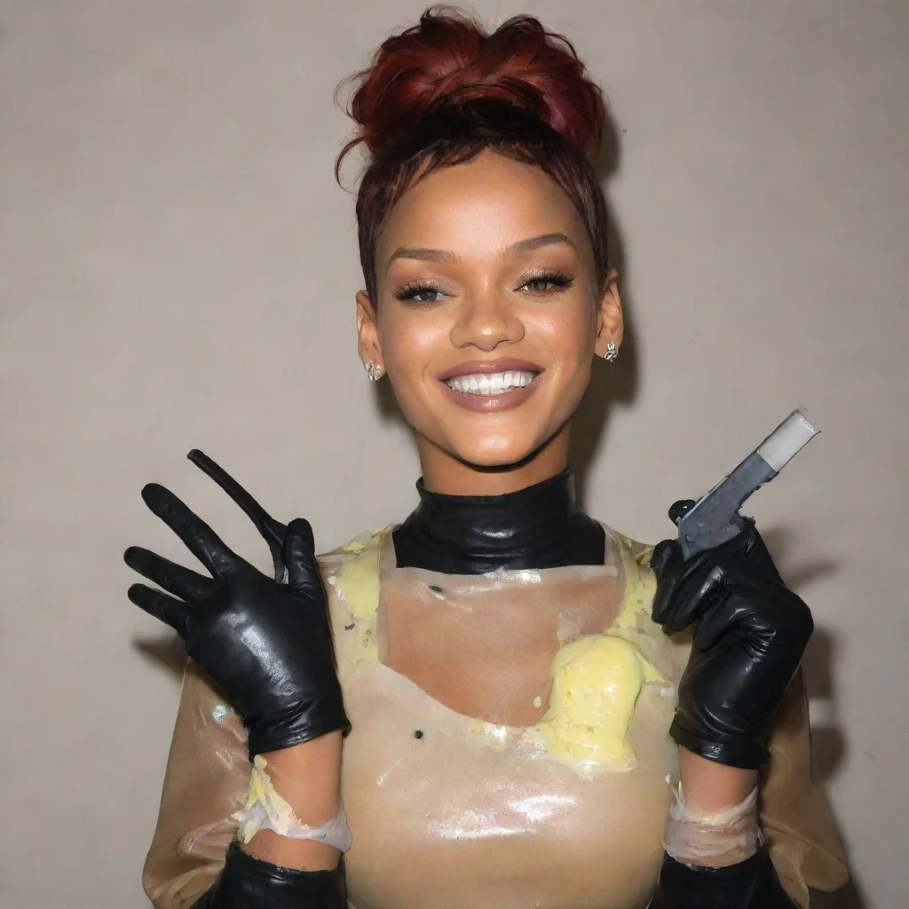 aitrending rihanna  smiling  with black comfy nitrile gloves and gun  and  mayonnaise splattered everywhere good looking fantastic 1