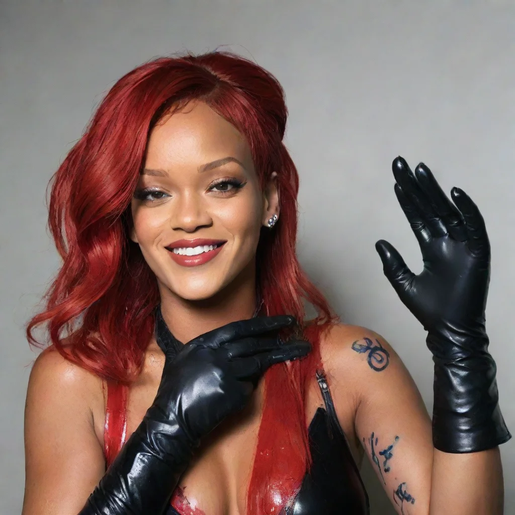 trending rihanna red hair smiling with black comfy  nitrile gloves and gun and mayonnaise splattered everywhere good looking fantastic 1