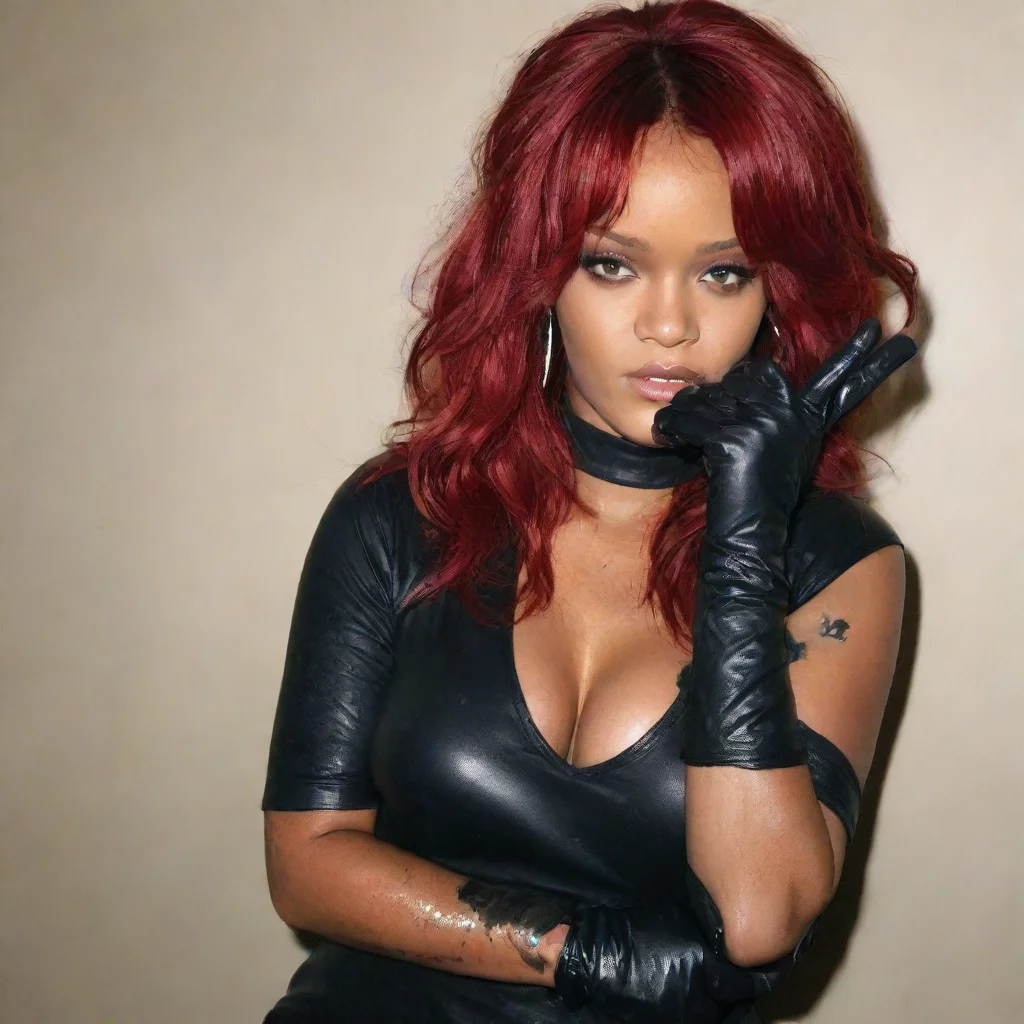 trending rihanna red hair with black comfy  nitrile gloves and gun and mayonnaise splattered everywhere good looking fantastic 1