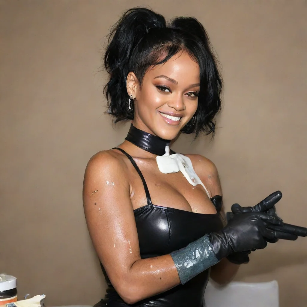 aitrending rihanna smiling  with black nitrile gloves and gun  and  mayonnaise splattered everywhere good looking fantastic 1