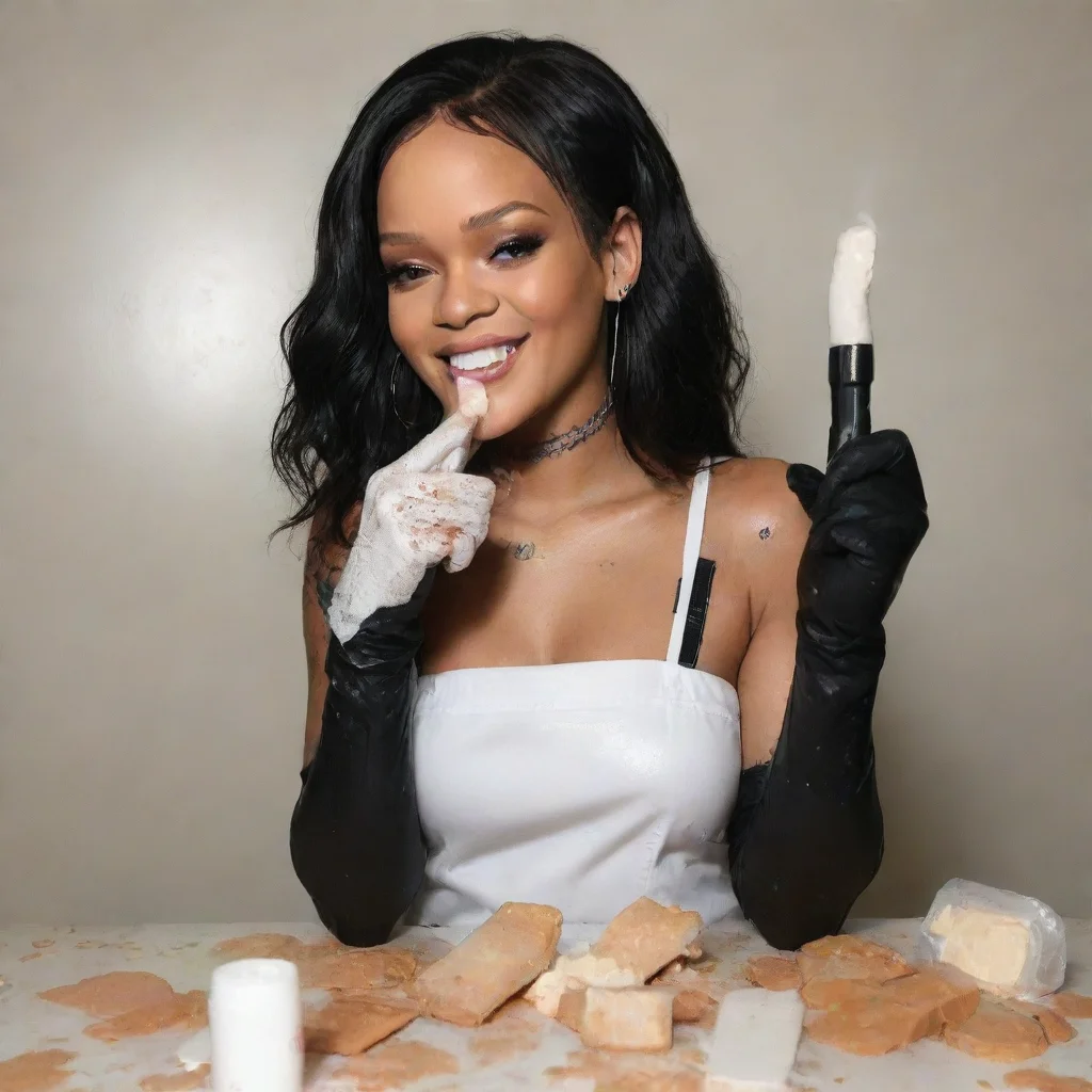 aitrending rihanna smiling  with black nitrile gloves and gun and mayonnaise splattered everywhere good looking fantastic 1