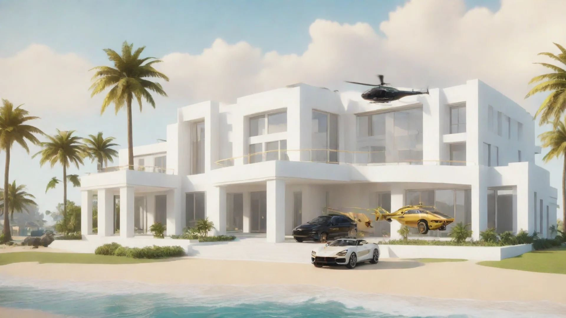 trending roblox white modern mansion in a beach background with gold car in center and black helicopter good looking fantastic 1 wide