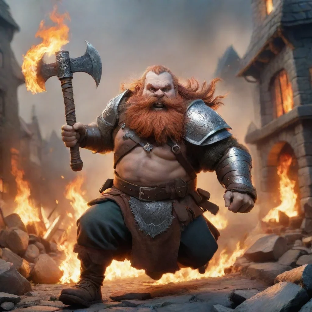 aitrending running dwarf with plate mail and long beard%2C with a big battle axe. flaming city on background good looking fantastic 1