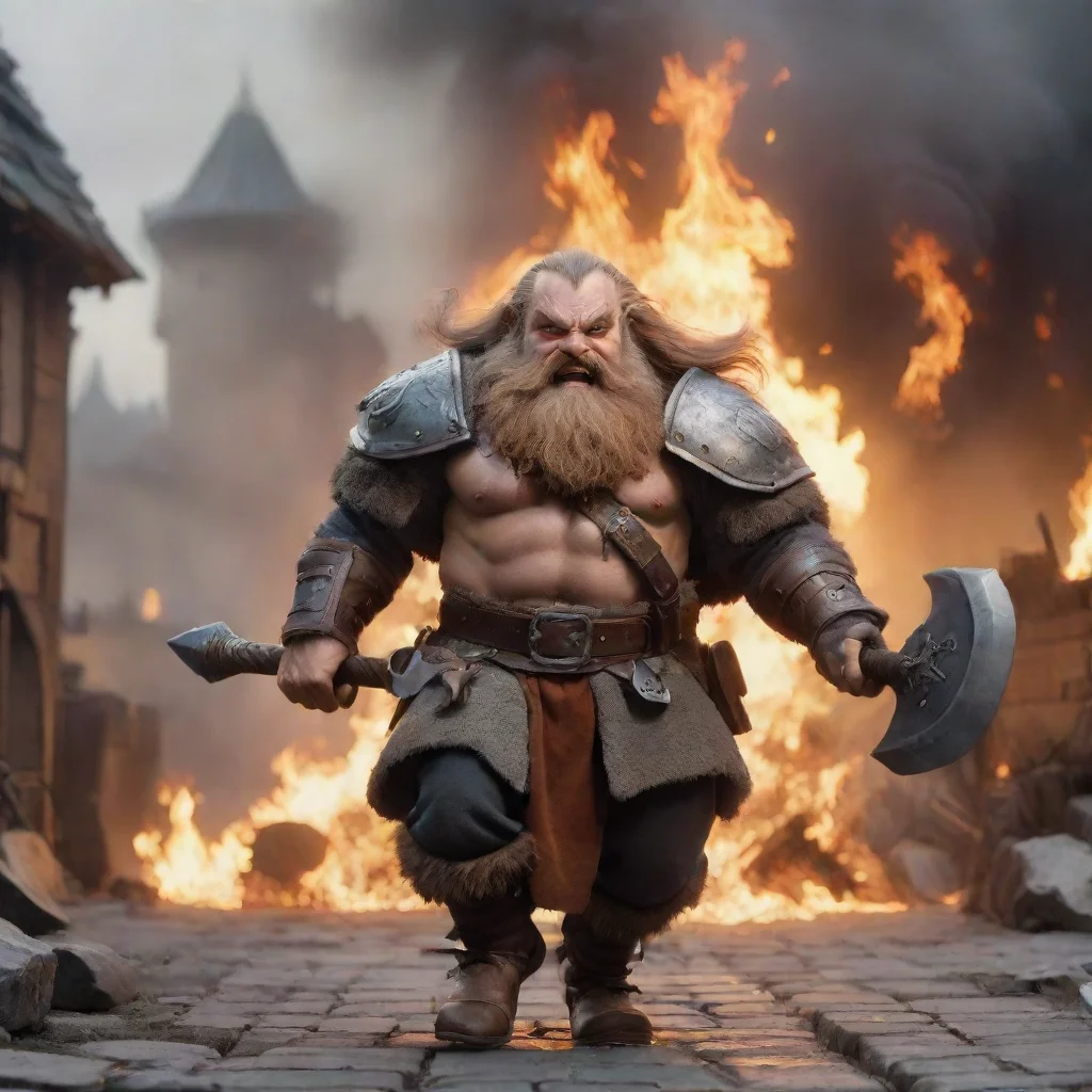 aitrending running dwarf with plate mail and long beard%2C with a big battle axe. flaming city on background. image from behind good looking fantastic 1