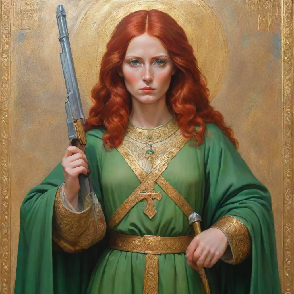 aitrending saint javelin protector of ukraine religious icon%2C female with red hair and green robes holding a gold gun good looking fantastic 1
