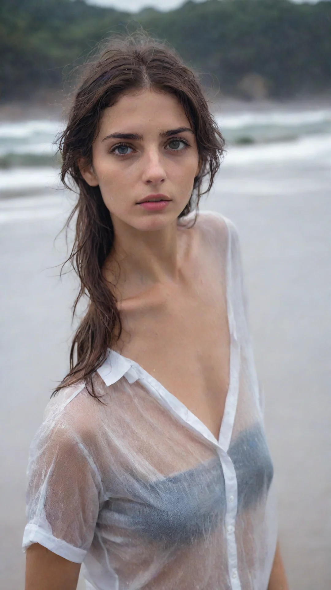 aitrending sensual portrait of a lonely young italian woman in a thin transparent white shirt at a wet and rainy beach good looking trending fantastic 1 good looking fantastic 1 tall