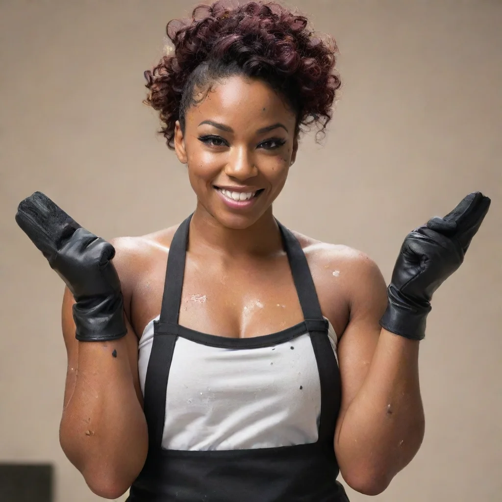 aitrending shalita grant smiling with black gloves and gun and mayonnaise splattered everywhere good looking fantastic 1