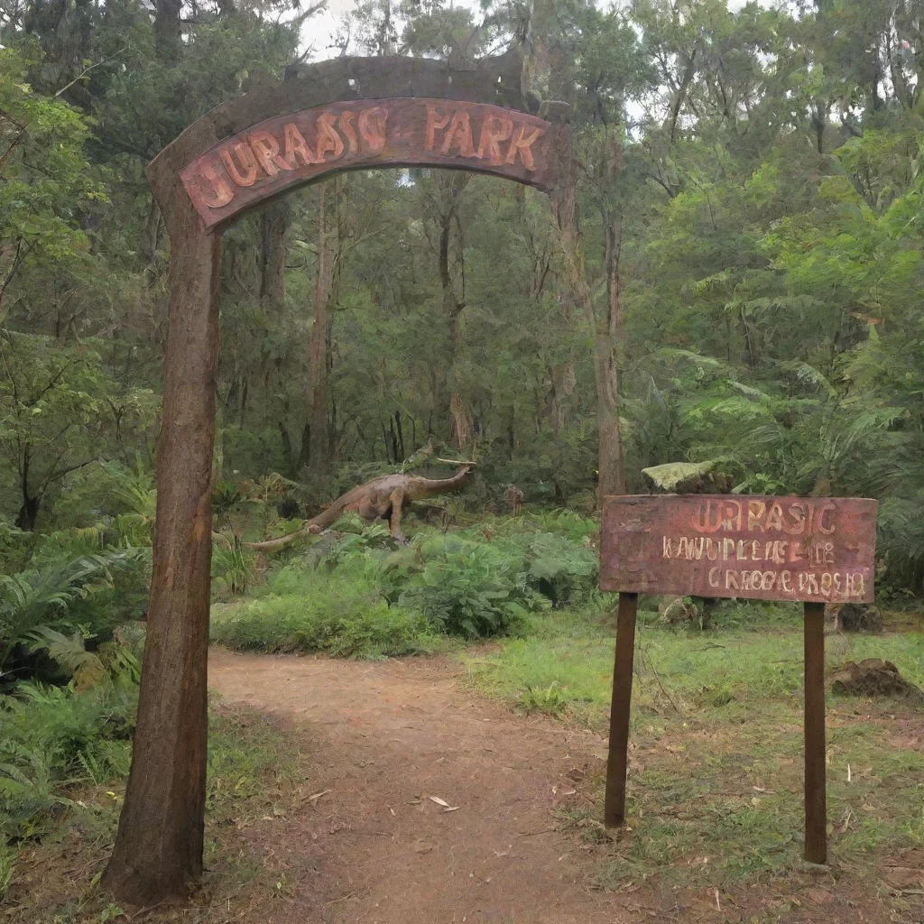 trending show me a none rundown jrrasic park with a sign at the entry that says jurrasic park good looking fantastic 1