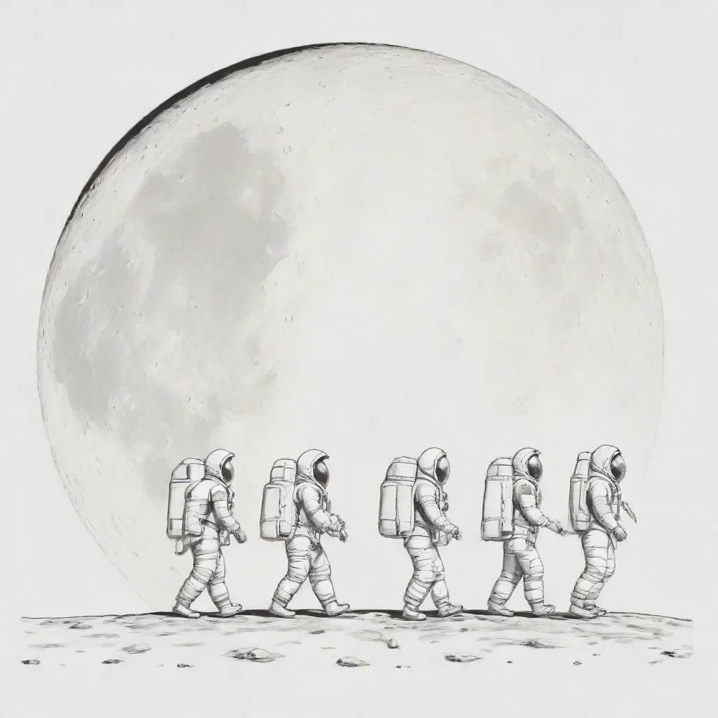 aitrending simple illustration of 5 astronauts walking in line across the moon%2C seen from the side. style is outline art%2C similar to a comic. white background. good looking fantastic 1