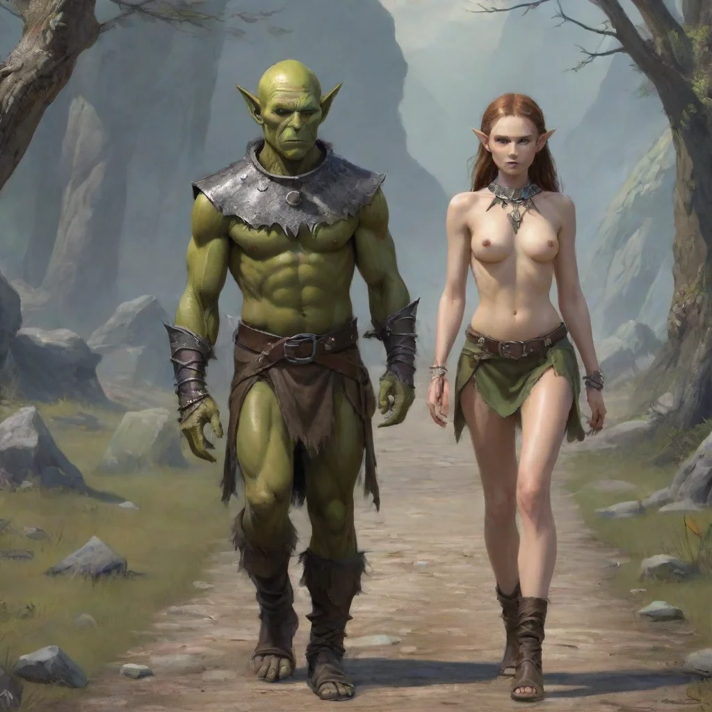 trending skinny elf maiden with a metal collar walked by orc master good looking fantastic 1