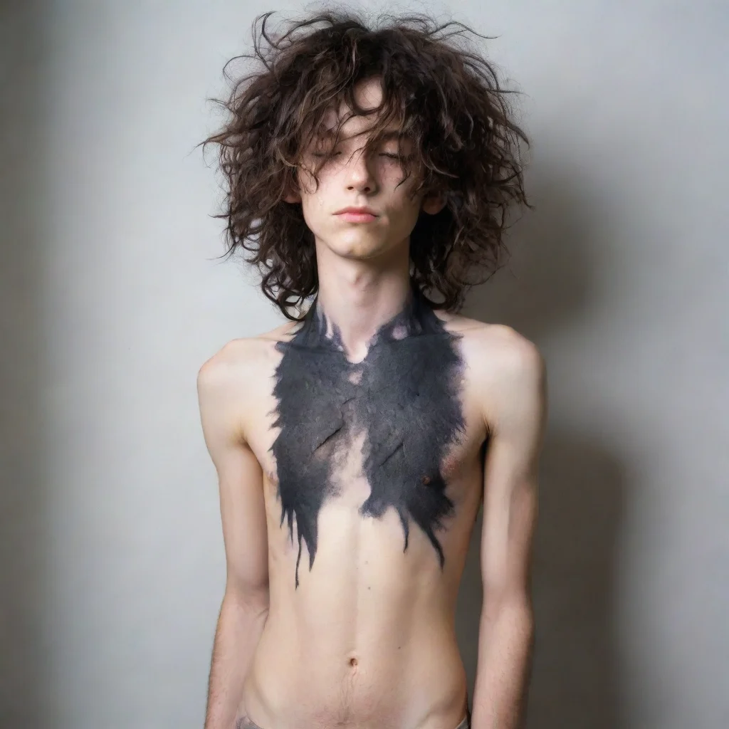 trending skinny emo boy with visible ribs and long messy curly hair covering his eyes good looking fantastic 1