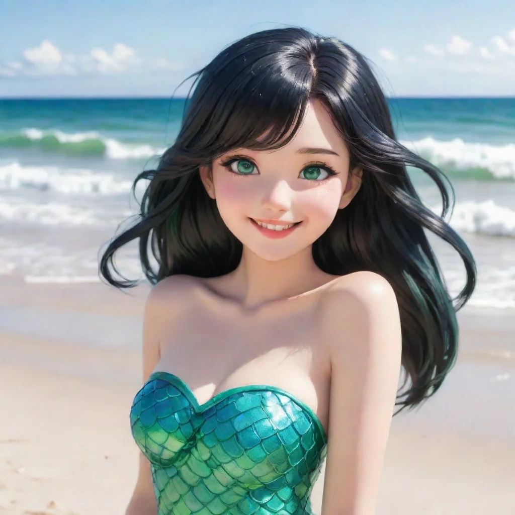 aitrending smiling anime anime mermaid with black hair and green eyes on the beach good looking fantastic 1