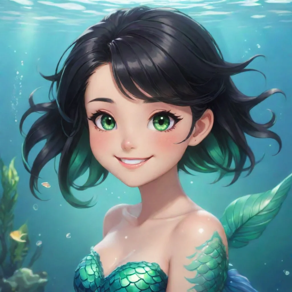 aitrending smiling anime mermaid with short black hair and green eyes good looking fantastic 1