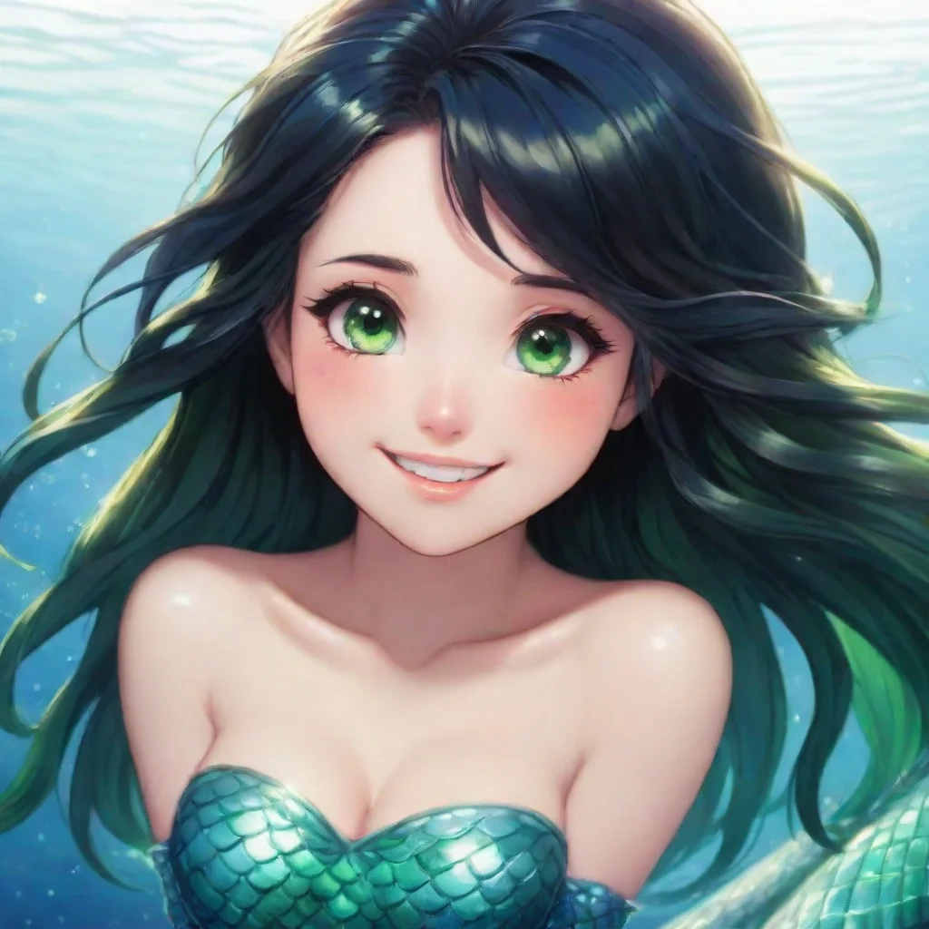 aitrending smilng anime mermaid with black hair and green eyes blushing good looking fantastic 1
