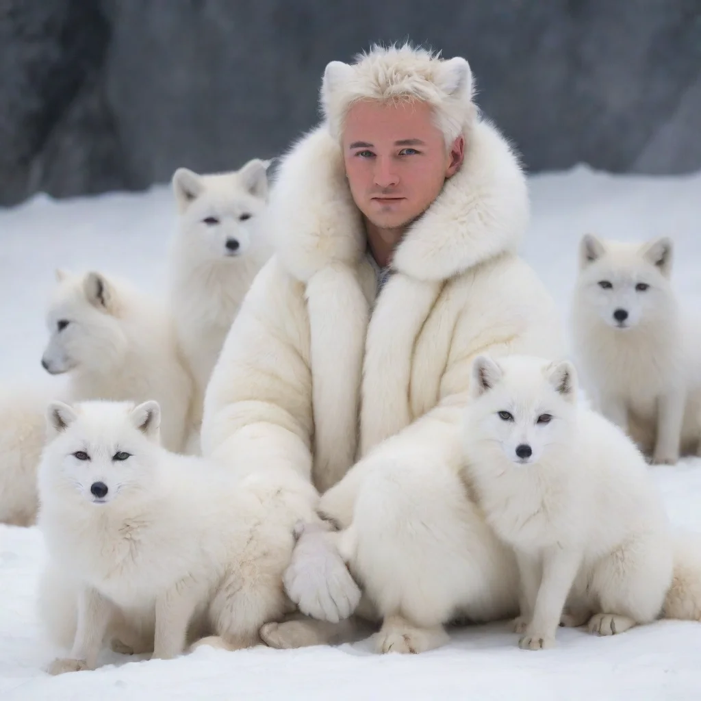 aitrending snowy background%2C human male in a white arctic fox fursit sitting with other arctic foxes good looking fantastic 1