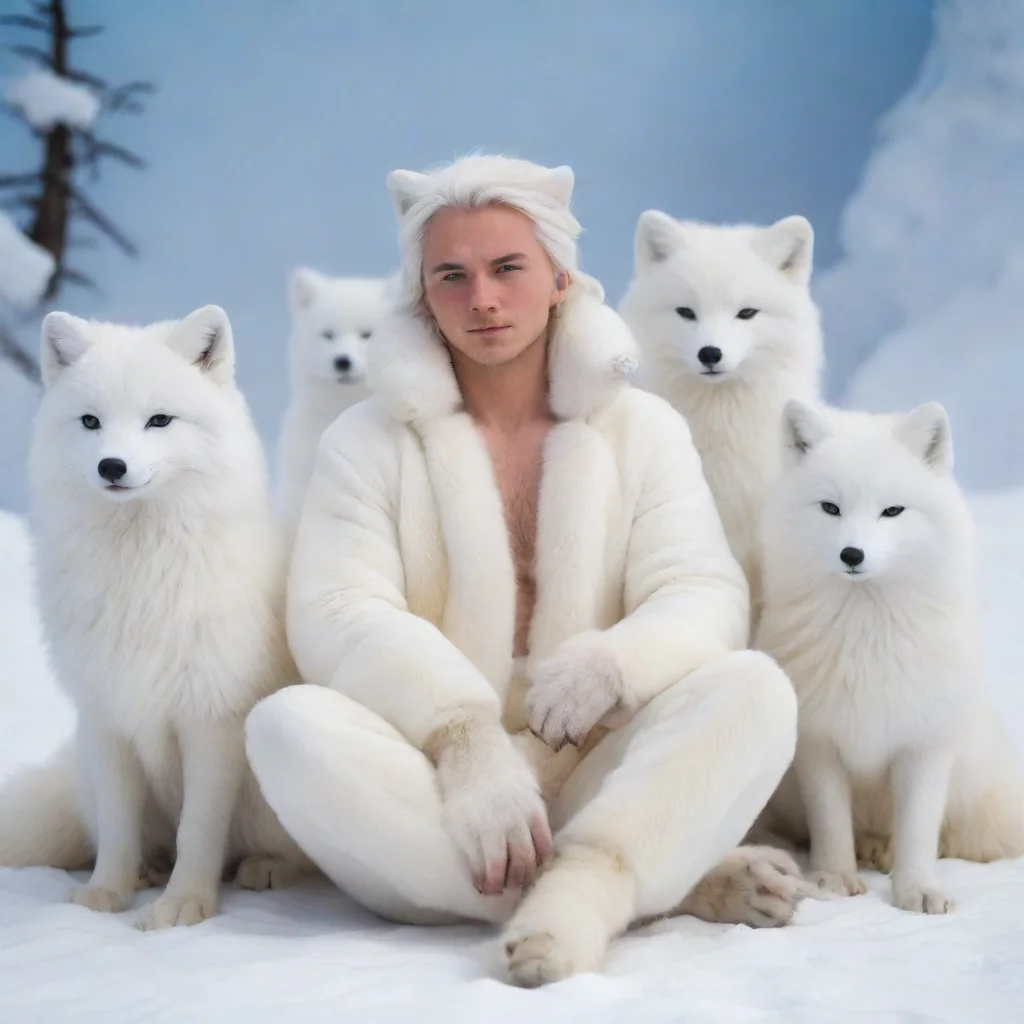aitrending snowy background%2C human male in a white arctic fox fursuit sitting with other arctic foxes good looking fantastic 1