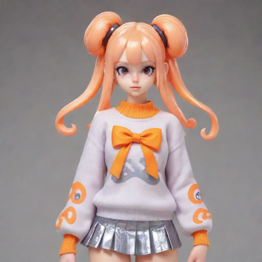 trending splatoon character with straight short cut tentacles with bangs that cover their eyes. at the top of her hair there is two buns with orange ribbons. has pale skin. wears a leprid print swea