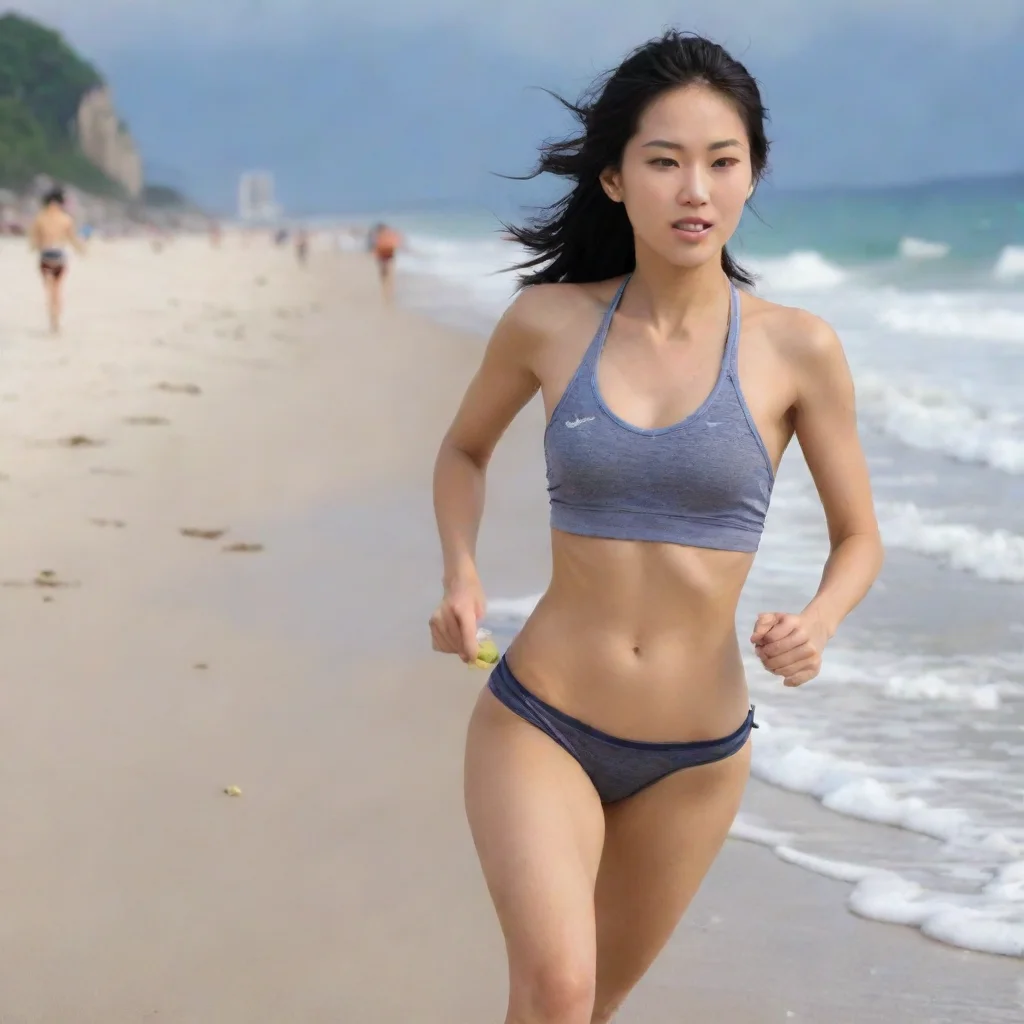 aitrending sporty asian babe runs on beach good looking fantastic 1