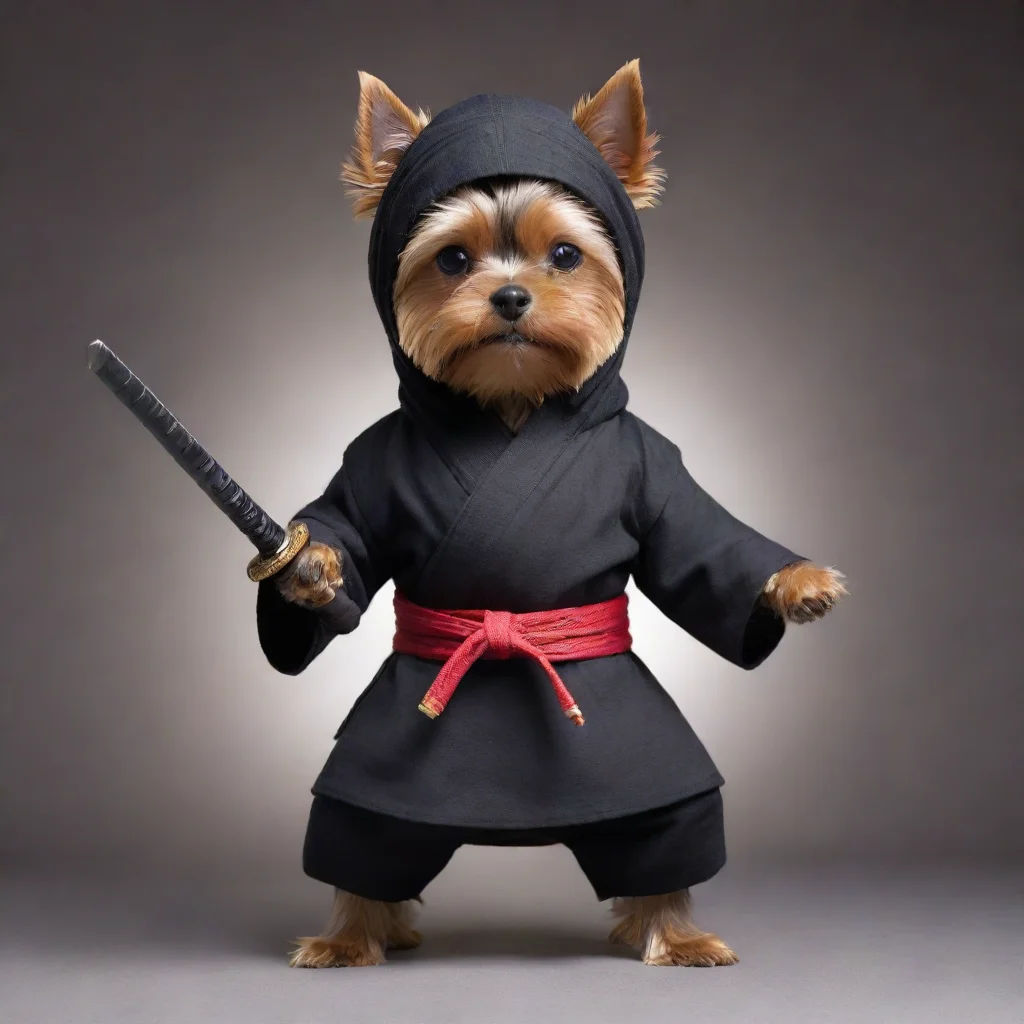 trending standing fierce yorkshire terrier dressed as a  ninja with covered head only eyes holding a long  katana with both hands good looking fantastic 1