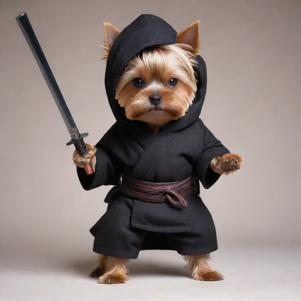 aitrending standing fierce yorkshire terrier dressed as a hollywood ninja with covered head holding a long  katana with both hands good looking fantastic 1