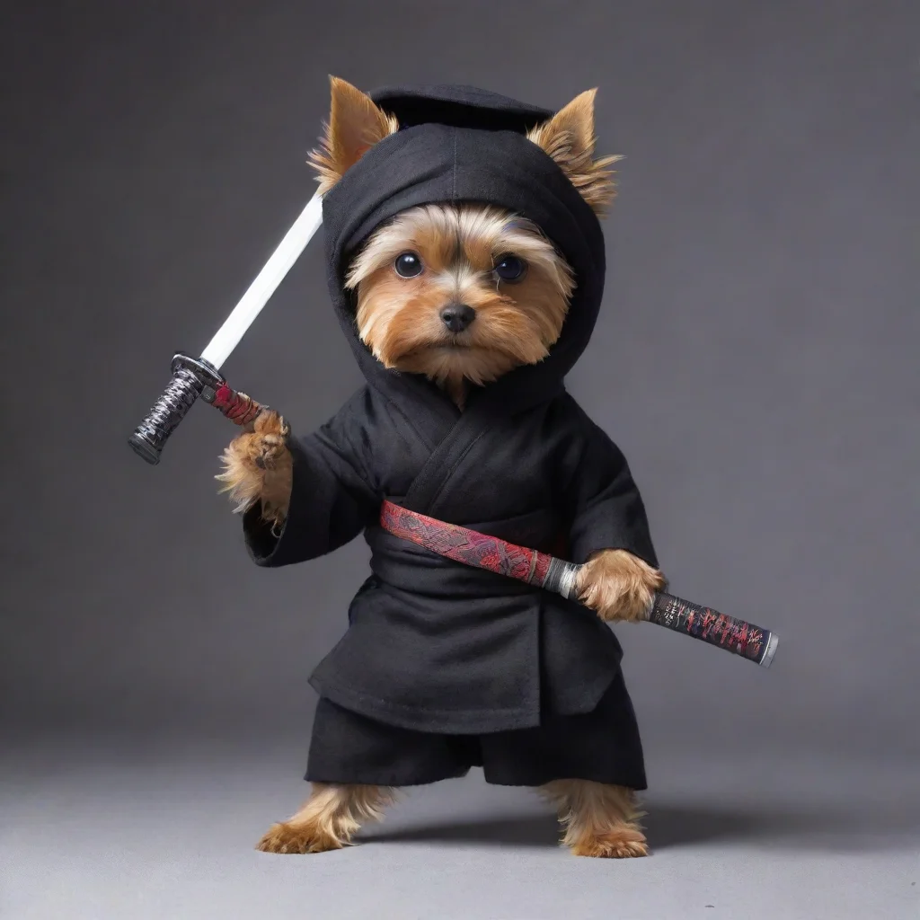aitrending standing yorkshire terrier dressed as a hollywood ninja with covered head holding a katana with menacing position good looking fantastic 1