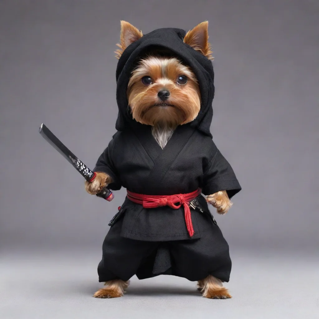 trending standing yorkshire terrier dressed as a hollywood ninja with covered head holding a katana with war position good looking fantastic 1