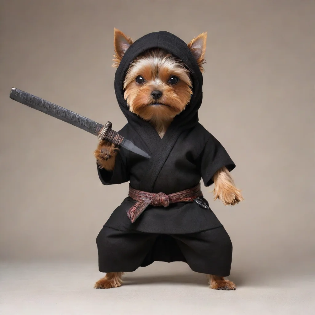 trending standing yorkshire terrier dressed as a hollywood ninja with covered head holding a long  katana with two hands  war position good looking fantastic 1