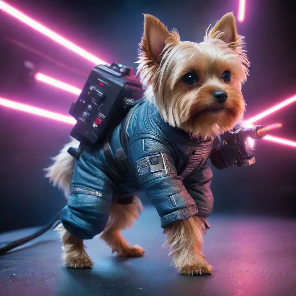 aitrending standing yorkshire terrier in a cyberpunk space suit firing a laser good looking fantastic 1