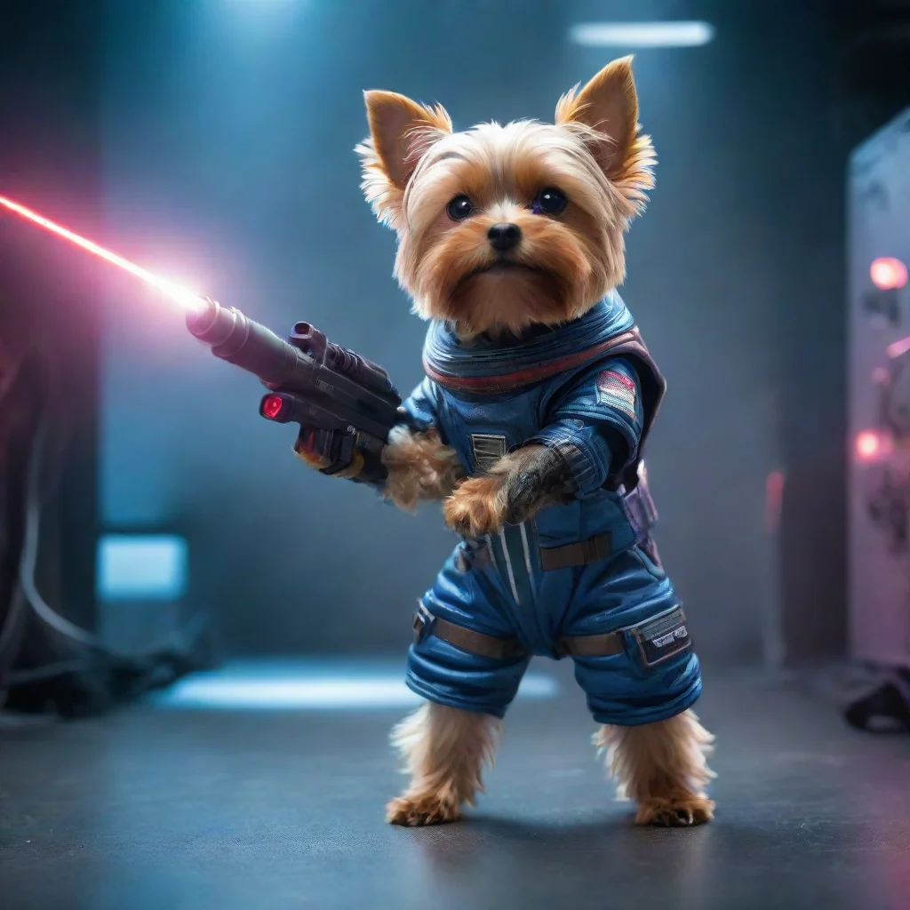 trending standing yorkshire terrier in a cyberpunk space suit firing n laser confident. good looking fantastic 1