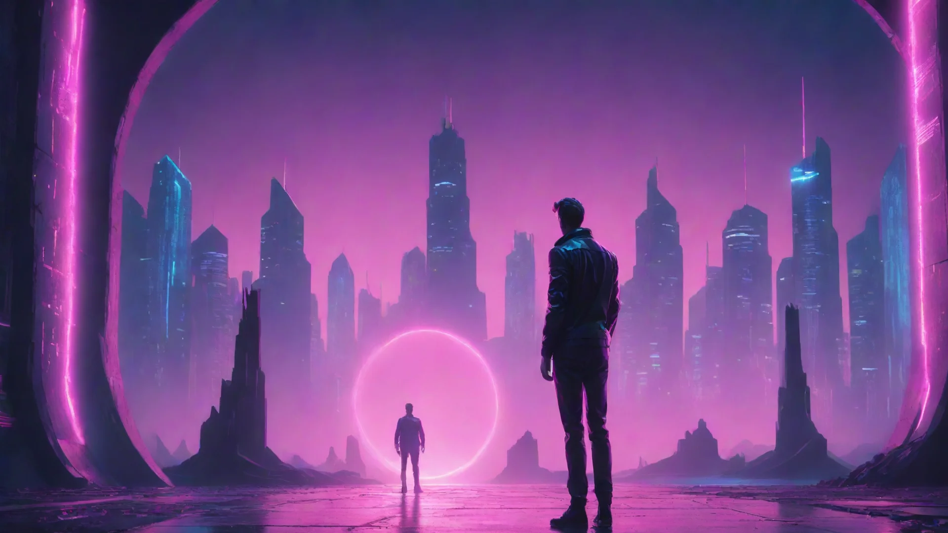 aitrending synthwave of a futuristic city and a man standing behind the portal good looking fantastic 1 wide