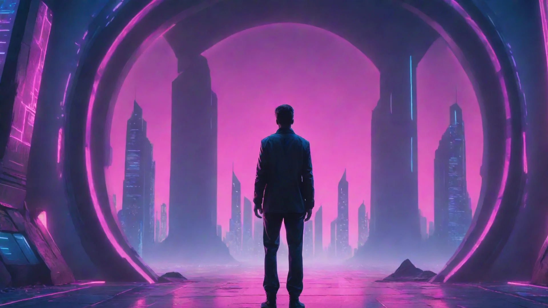 aitrending synthwave of a man standing behind the portal of the futuristic city good looking fantastic 1 wide