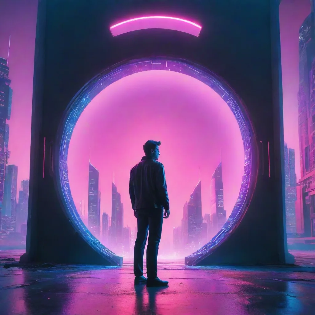trending synthwave of a man standing behind the portal of the futuristic city good looking fantastic 1