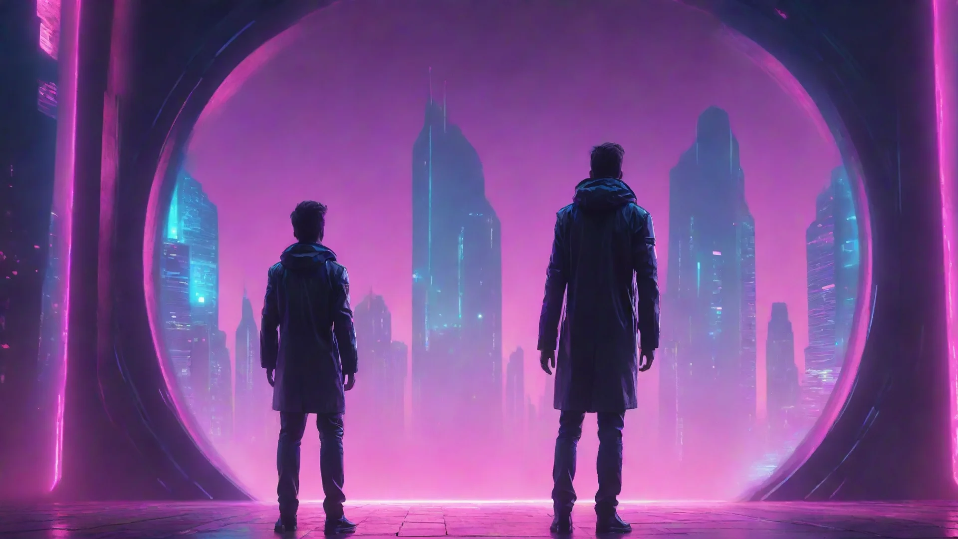 aitrending synthwave of one man standing behind the portal of the futuristic city good looking fantastic 1 wide