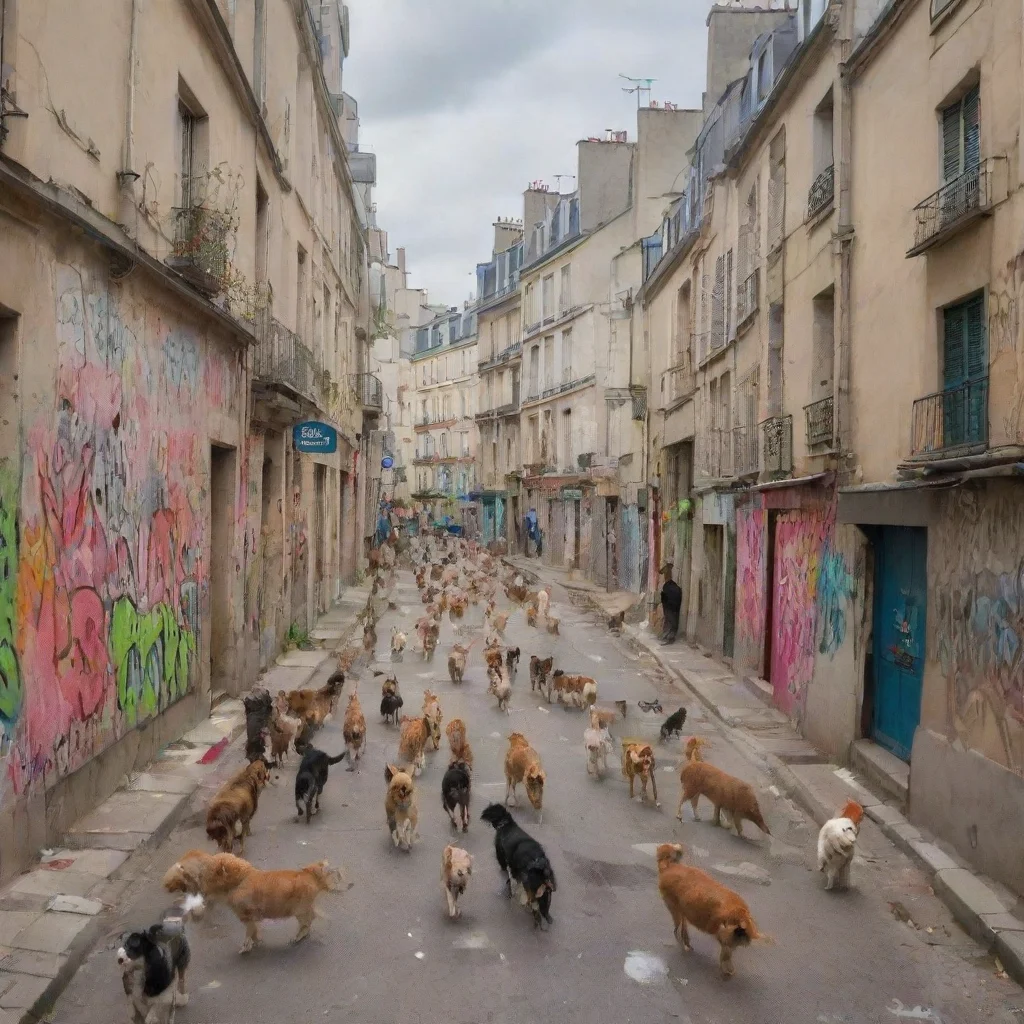 aitrending the city of paris with hundreds of happy dogs and cats running around%2C spraying graffity on the walls. good looking fantastic 1