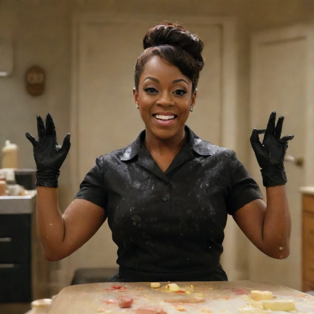 trending tichina arnold as rochelle from everybody hates chris smiling with black ultra nitrile gloves and gun and mayonnaise splattered everywhere good looking fantastic 1