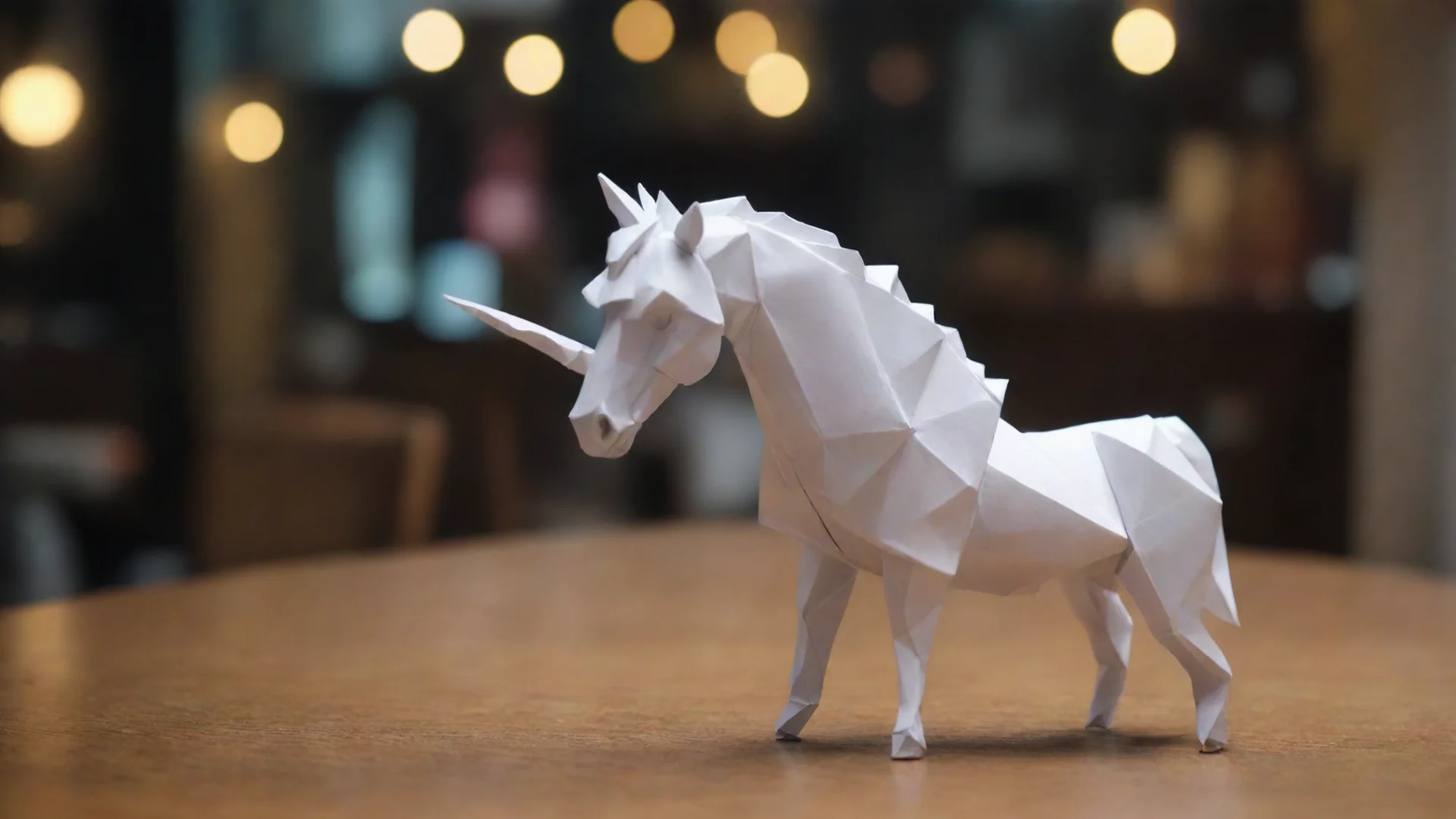 trending tiny full folded paper unicorn figure origami unicorn horse on a table cyberpunk crowded scifi bar gloomy melancholicult ai art generator good looking fantastic 1 wide